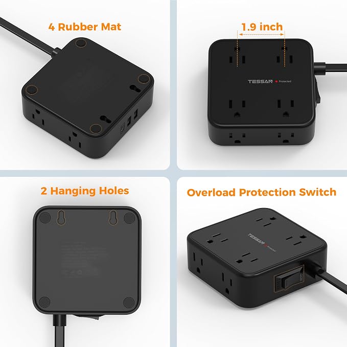 TESSAN Surge Protector Power Strip, 5 Ft Flat Plug Extension Cord with 3 USB (1 USB C) 8 Outlets, 1875W, 900J Protection, 3 Sided Outlet Extender with Power Switch for Office, Dorm Room, Black