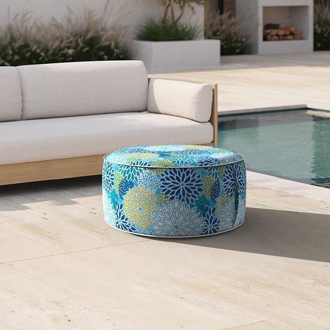 DYTXIII Inflatable Ottoman Stool D21 xH9 for Outdoor/Indoor Use, Water Repellent Patio Foot Rest Stool with Portable Handle,Round Pouf Ottoman Suitable for Garden,Deck and Camping - Dahlia Blue