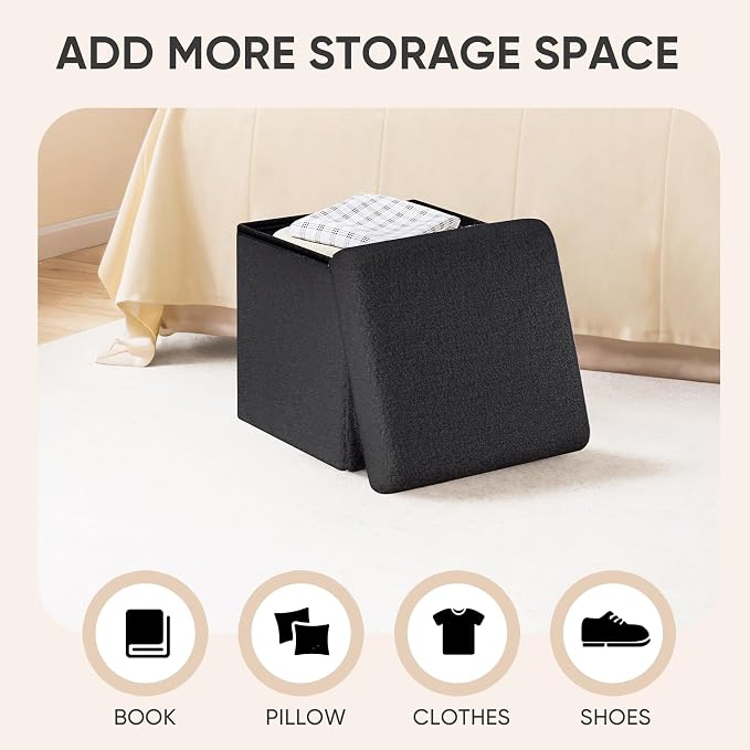 PINPLUS Storage Ottoman Cube Square Shaped Ottomans with Storage Foot Stool Footrest for Lving Room Boucle Ottoman Seat for Dorm Room,Faux Teddy Fur Black,12.6"x12.6"x12.6"