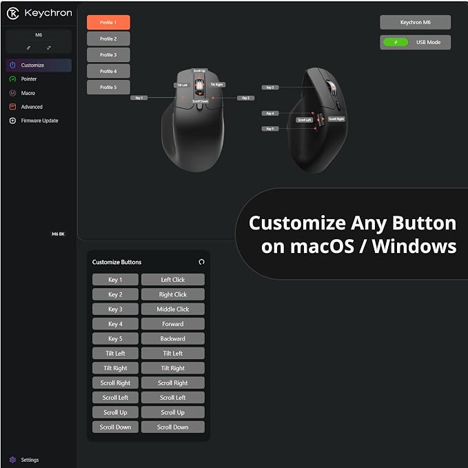 Keychron M6 8K Wireless Gaming Mouse, 2.4G/Bluetooth/Wired, PixArt 3950 Sensor, 8000Hz Polling, Silent Clicks, 5 On-Board Memory Profiles for Plug & Play, Programmable for Mac/Win/Linux – Black