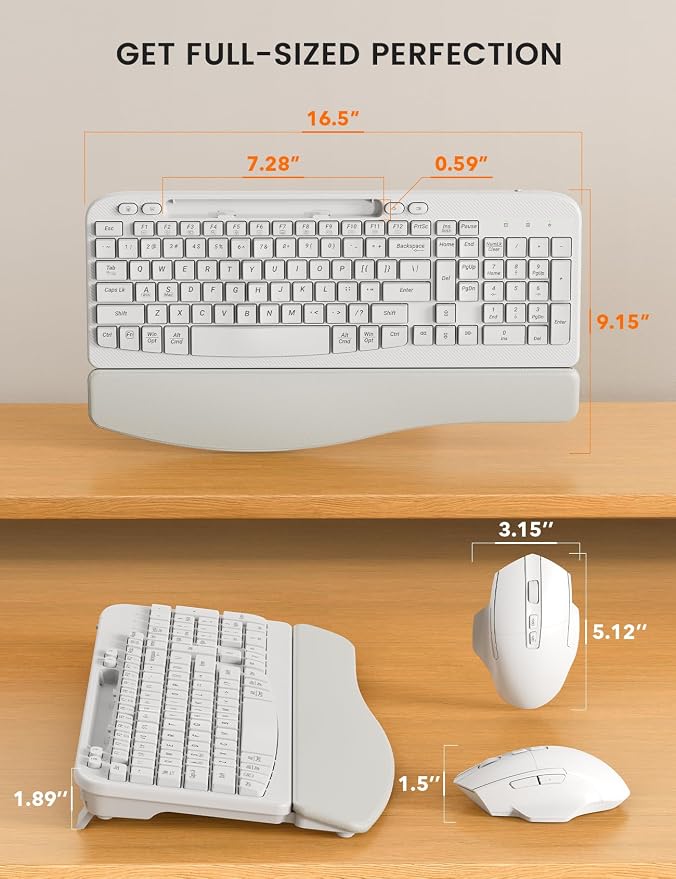 SABLUTE Wireless Keyboard and Mouse Combo, Ergonomic Wave Keys, Cushioned Palm Rest, Rechargeable, Phone Holder, Natural Typing, 2.4G Lag-Free, MA22 Plus Full Size Keyboards Set for Windows/Mac, White