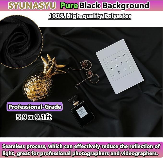 6x9 ft Black Background for Photography, Premium Black Wall Backdrop Curtains Polyester Birthday Party Decoracion Back Drop Content Creator Background Screen for Studio Video Photo Booth Photoshoot
