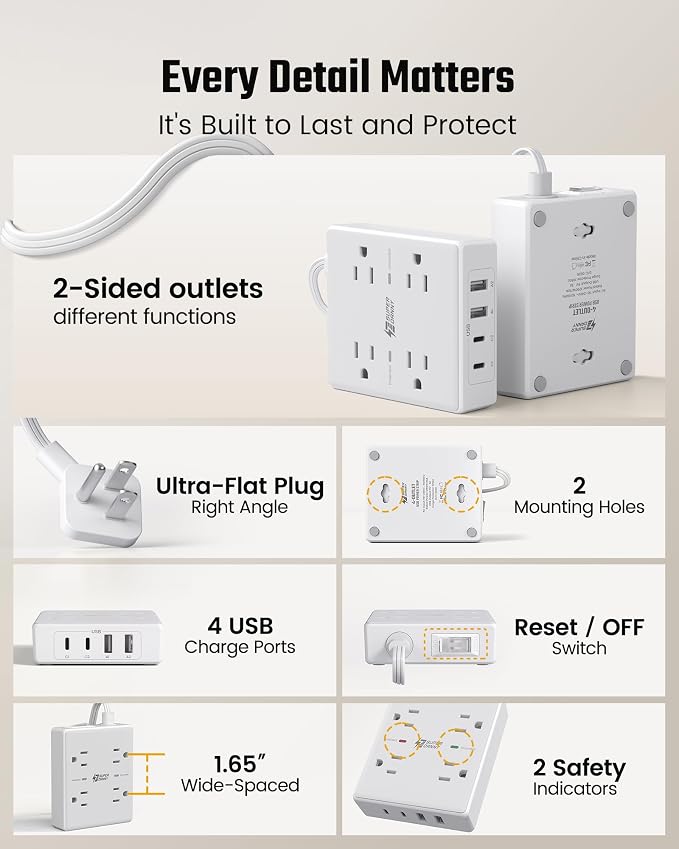 SUPERDANNY Flat Plug Power Strip Surge Protector 10 Ft Long Flat Extension Cord with 4 Outlets & 4 USB (2 USB-C) Charging Station for Home Office, College Dorm Room Essentials, Travel, White