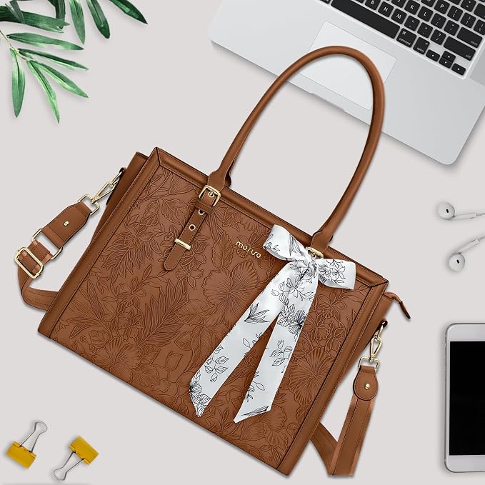 MOSISO Laptop Bag for Women, 17-17.3 inch PU Leather Tote Bag Compatible with MacBook, HP, Dell, Asus Notebook, Front Embossed Retro Hibiscus Computer Bags with Silk Scarf&Clutch Purse, Brown