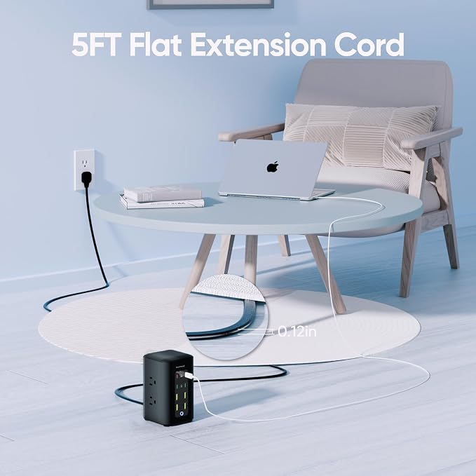 TenTrend Power Strip Tower, 350W Total Fast Charging Station for Multiple Devices, 5FT Extension Cord Tower with 6 Outlets 8 USB(4 USB C), 2000J Surge Protector for Home Office, Dorm Essentials