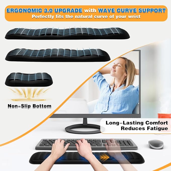 UnivoColors Memory Foam Keyboard Wrist Rest,Latest 3.0 Wave Curve Design,High-Resilience Memory Foam Non-Slip Base,Fits Compact Keyboards,Ideal for Work and Gaming(Ivory)