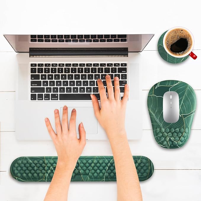 Ergonomic Mouse Pad and Keyboard Wrist Rest with Massage Design, Space-Saving Mouse Pad Wrist Support, Memory Foam Wrist Rest with Non-Slip PU Base for Computer Desk, Green Leaves