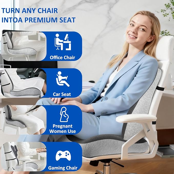 Lumbar Support Pillow for Office Chair,Seat Cushion with Back Support,Office Chair Cushion for Tailbone Pain,Sciatica and Hemorrhoid Relief (Grey)
