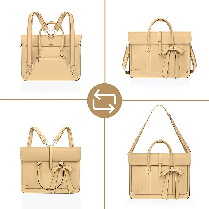 MOSISO Laptop Bag for Women, 15-15.6 inch PU Leather Laptop Shoulder Bags Convertible Backpack, 16 inch Messenger Bags Casual Handbag Work Briefcase Travel Computer Bag with Bowknot, Turmeric