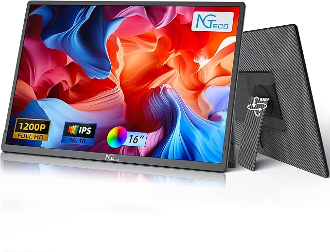 NGTeco 16" Extended Monitor Portable 1200P IPS, 360° Foldable Stand, USB-C HDMI Plug&Play, Built-in Speakers, Laptop Screen Extender for PC/Mac/Phone/Xbox/Switch