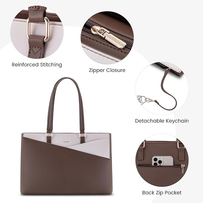 LOVEVOOK Laptop Tote Bag for Women, Office Work Bag Briefcase fit for 15.6 inch Laptop, Large Capacity Teacher Computer Bag Handbag Coffee/Beige