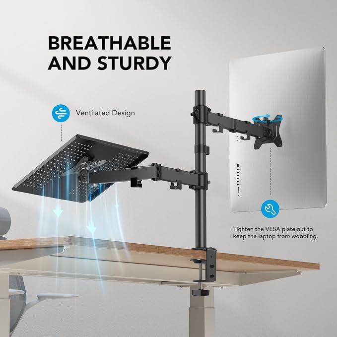 HUANUO Adjustable Monitor Stand, Single Arm Desk Mount for 32 inch Screen and 17 inch Laptop, Heavy Duty Ergonomic Bracket Holds 22lbs
