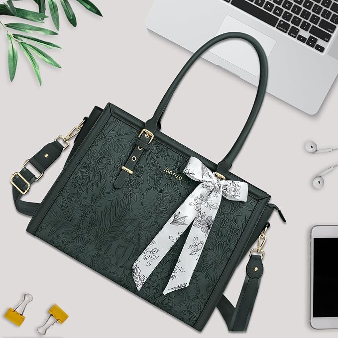 MOSISO Laptop Bag for Women, 17-17.3 inch PU Leather Tote Bag Compatible with MacBook, HP, Dell, Asus Notebook, Front Embossed Retro Hibiscus Computer Bags with Silk Scarf&Clutch Purse, Emerald Green