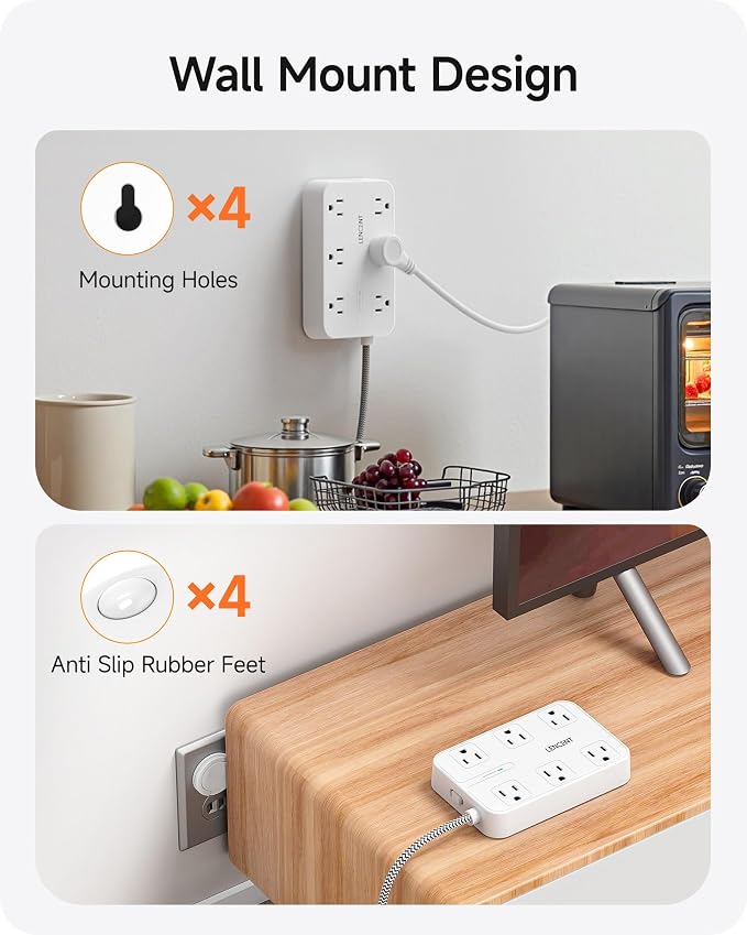 LENCENT 2 Prong Power Strip,2 Prong to 3 Prong Outlet Adapter,Two Prong Surge Protector, 6ft Braided Flat Plug Extension Cord, 6 AC & 4 USB (2 Type C), Wall Mount for Non-Grounded Outlet