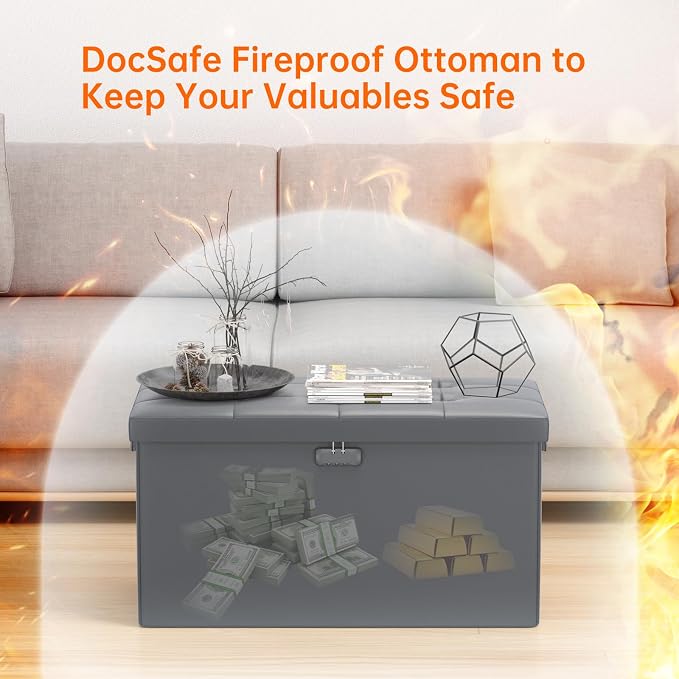 DocSafe Storage Ottoman Bench with Lock,Fireproof 30 Inches Folding Bench Foot Rest Stool Storage Chest Safe for Living Room,Bedroom,Home Office,Waterproof Leather Ottoman with Handles,Gray