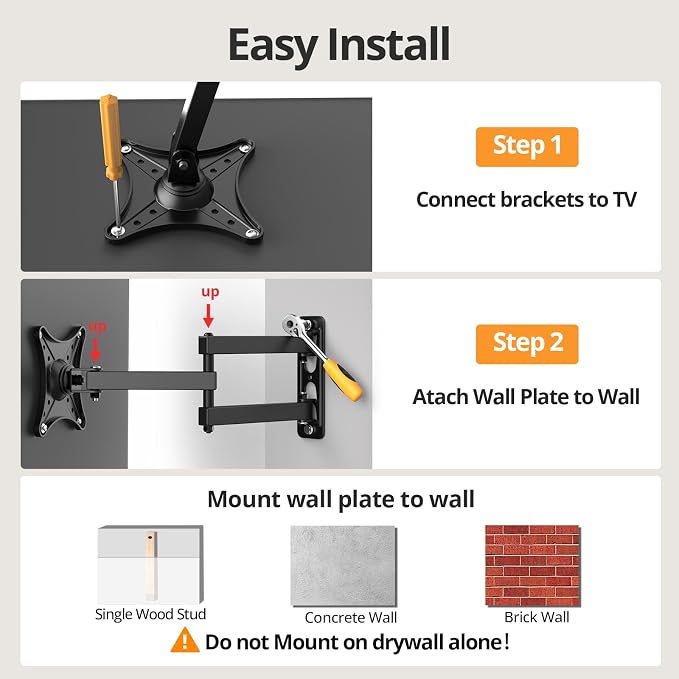 IWORKBOARD Full Motion TV Monitor Wall Mount Bracket for Most 13-32 Inch LED LCD Flat Curved Screen, Max VESA 100x100mm up to 33lbs, 360° Rotation Swivel Tilt Extension,Adjustable Articulating Arms