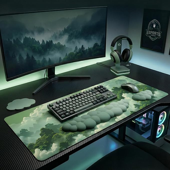 Green Cloud Mouse Pad and Keyboard Wrist Rest 4PCS Extended Forest Mountain Aesthetic Large Desk Mat Pad Set Memory Foam Non-Slip Cute Ergonomic Gaming Mouse Pad Wrist Support for Computer Home Office