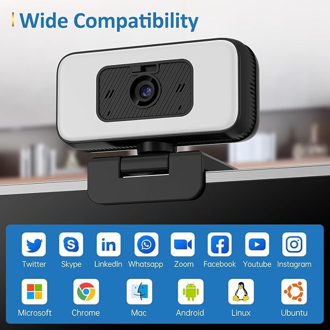 2K Webcam for Laptop, USB Web Camera with Light, Webcam with Microphone, 5X Zoom, Privacy Shutter, Anti-Disturb Backlight