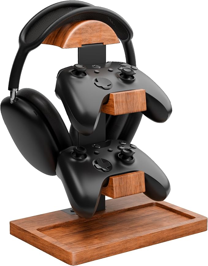 Headset Stand with Controller Holder, 3-in-1 Solid Walnut Wood Gaming Desk Organizer, Compatible with Controllers, Display Mount for AirPods Max, Bose, Sennheiser, Gift for Gamers