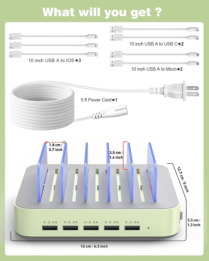 MSTJRY Charging Station for Multiple Devices : 5 Port Multi USB-A Charger Stations Multi-Device Organizer Charging Dock Designed for iPhone iPad Cell Phone Tablets (7 Short Cables Included), Cyan