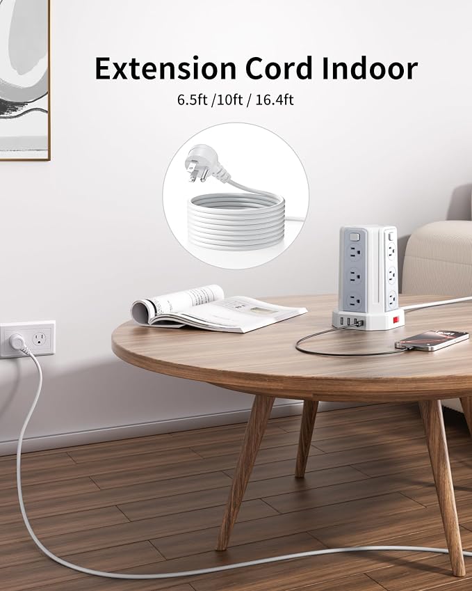 Power Strip Surge Protector, 6.5 Ft Extension Cord with 12 AC Multiple Outlets 4 USB (1 USB C), SMALLRT Power Tower Desktop Charging Station