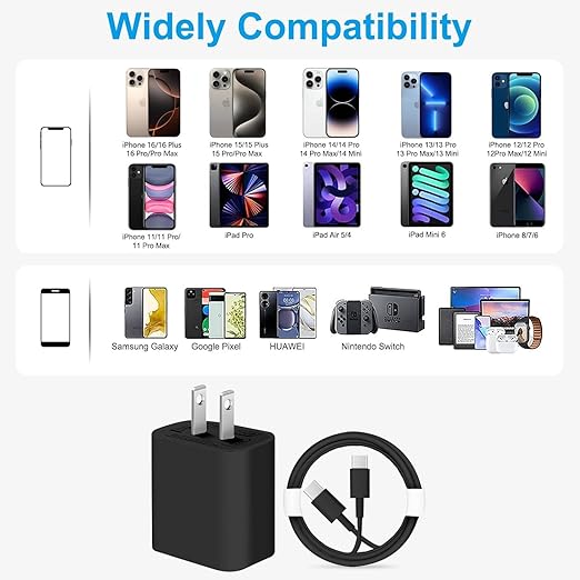 iPhone 17 16 15 Charger/6ft Type C to C Charging Cable Cord Long,USB C Fast Charging Block Plug for Apple iPhone 17 Pro Max/17 Air/16 Pro/16/15 Plus/AirPods/iPad/mini Plug Cube Birck Box Power Adapter