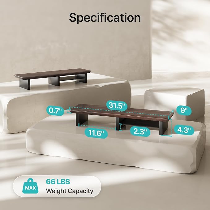 PEGZONE Dual Monitor Riser with Integrated Metal Shelf, Large Walnut Wooden Desk Shelf for 2 Monitors/TV, Wide 31.5" Long Monitor Stand Riser for Desk, Wood Monitor Stand Organizer for Home Office