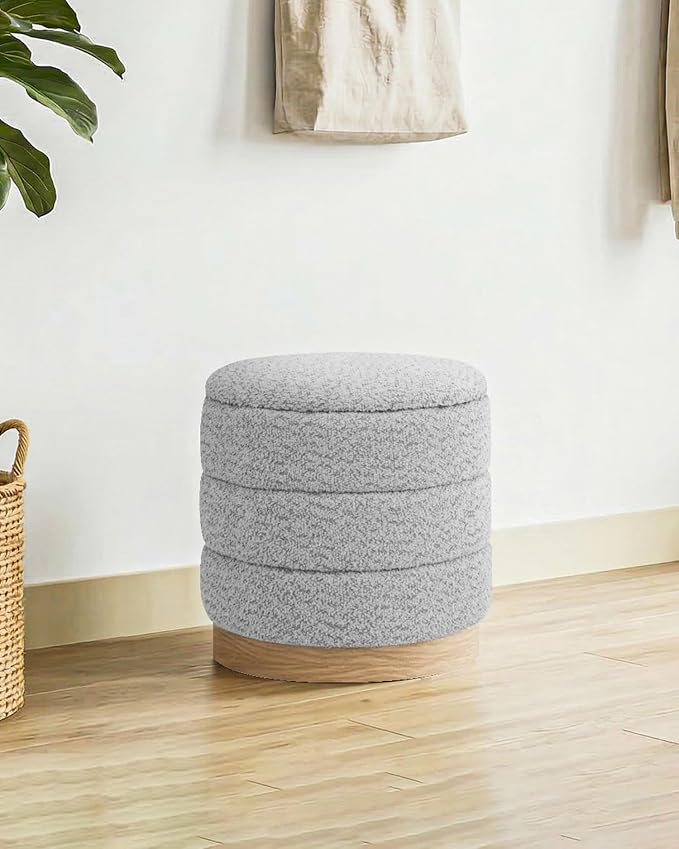 B FSOBEIIALEO Round Storage Ottoman with Tray, Folding Ottoman with Storage Coffee Table Foot Rest for Dorm Room Living Room Chenille Fabric,Sliver Grey,15.35"x15.35"x14.57"
