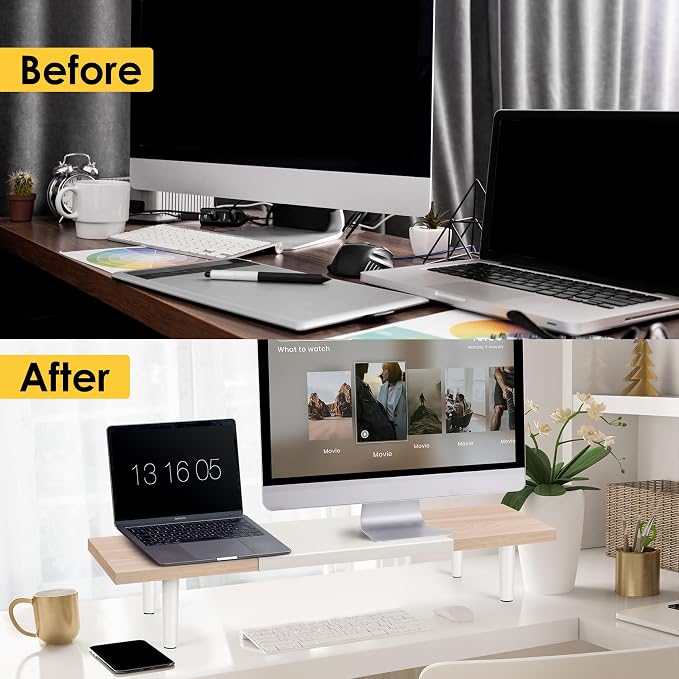 Across-Star Dual-Monitor-Stand-Riser-For-Desk Adjustable Length 32-40 Inch,Large Desktop Computer Monitor Riser For 2 Screens,Desk Shelf Organizer Riser Stand For Computer/Laptop/PC/Printer/TV Black