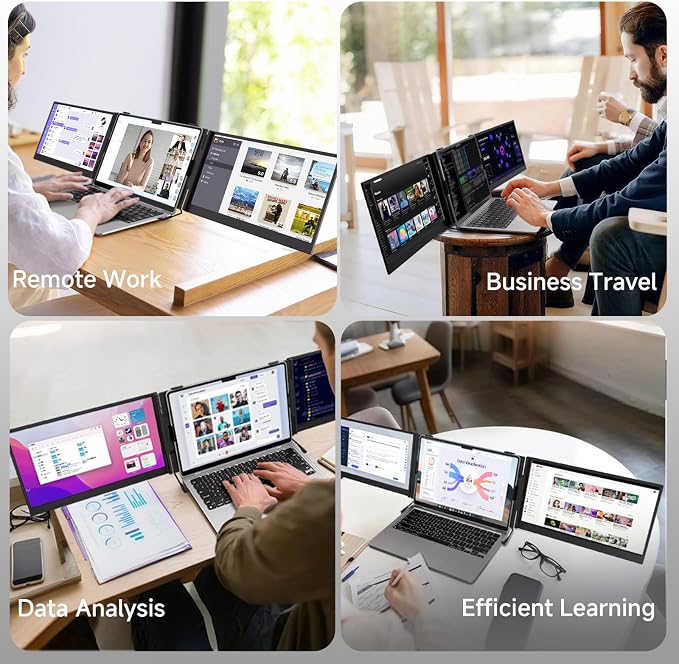BOSII Laptop Screen Extender Monitor - Triple 14" Ultra Thin IPS FHD 1080P Portable Monitors for 13.3"-17" Laptops Compatible with Windows Mac Travel Work