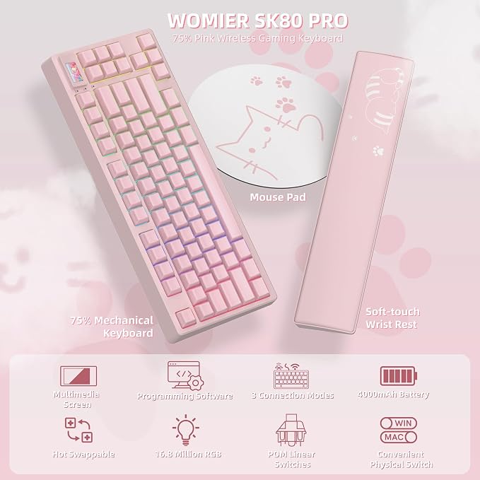 Womier 75% Pink Keyboard Wireless with Color Multimedia Screen, Creamy Mechanical Gaming Keyboard, 3-Modes Hot Swappable Cute Key Board w/Wrist Rest, Gasket RGB Custom for Mac/Win (SK80 PRO)