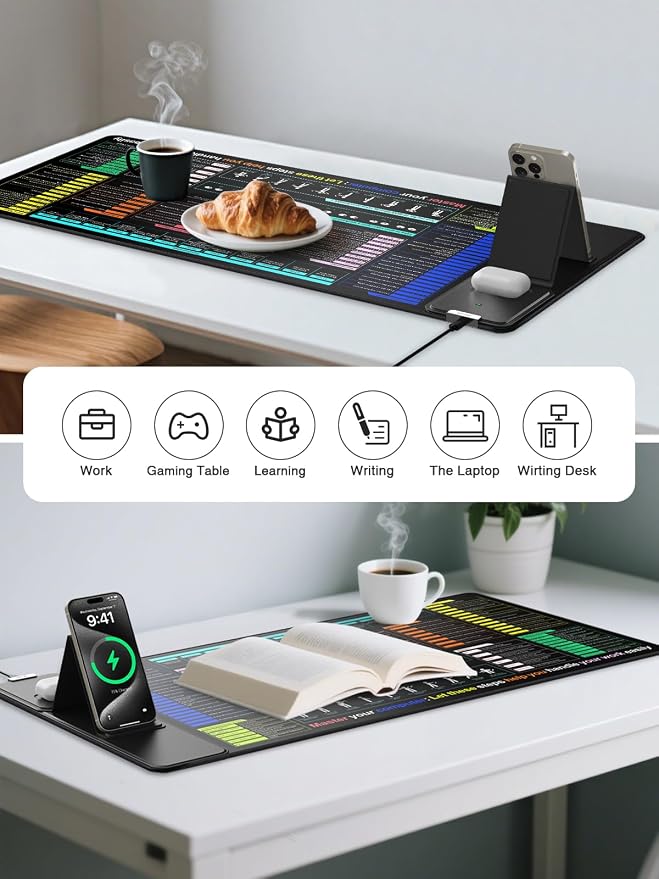 Mouse Pad with Foldable Phone Holder, Wireless Charging Desk Mat 31.5x15.75 Mousepad with Superior Micro-Weave Cloth Non-Slip Waterproof Desk Pad (Office Shortcut)