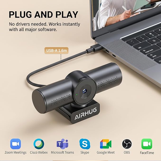 AIRHUG 4K 30fps Webcam - Sony 16MP Sensor, PDAF Autofocus, Auto Light Correction, Dual Omnidirectional Mics, 63° Focused View for Streaming Camera, Built-in Privacy Cover, Plug & Play for Windows/Mac