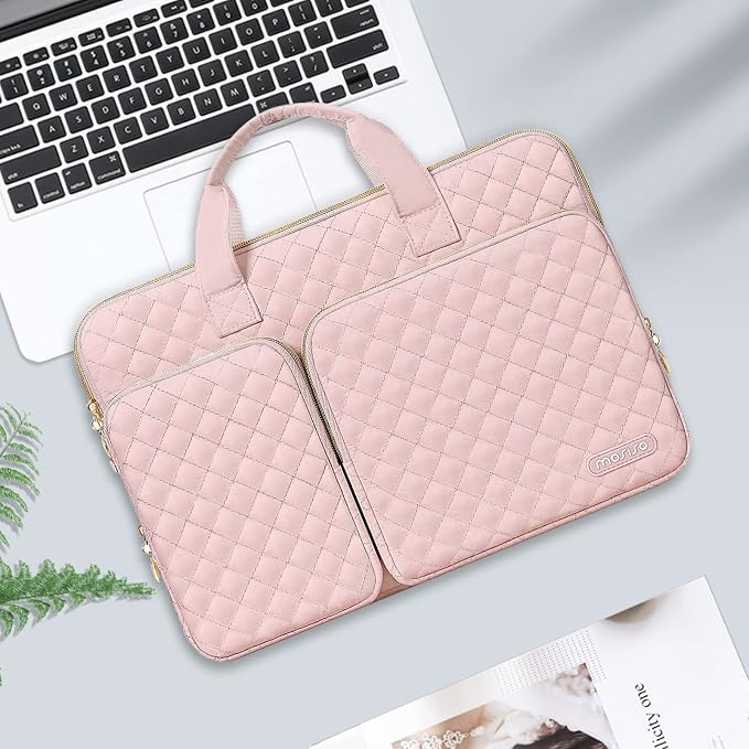MOSISO 360 Protective Laptop Case 13 inch, 13 inch Laptop Sleeve Compatible with MacBook Air M5 M4 M3 M2 M1 2026-2018/Neo/Pro M2 M1, Square Quilted Bag Cover with 2 Pockets&Handle&Belt, Chalk Pink