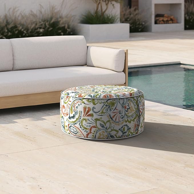 DYTXIII Inflatable Ottoman Stool D21 xH9 for Outdoor/Indoor Use, Water Repellent Patio Foot Rest with Portable Handle,Round Pouf Ottoman Suitable for Garden,Deck and Camping-Paisley Botanical