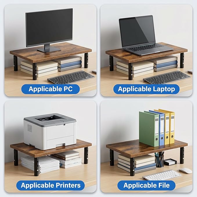 16.5"x11"Monitor Stand Riser 3 Height Adjustable,Desktop Stand for Computer/Laptop/Printer ,Desk Organizers and Office Desk Accessories & Workspace Desktop Organizers Storage for Office Supplies, Rustic Brown Wood