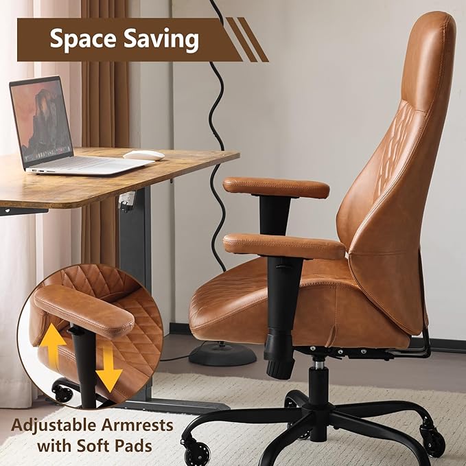 YFO Home Office Desk Chair High Back Office Rubber Casters Ergonomic Computer Chair with Lumbar Support Adjustable Height Rolling Swivel Chair Executive Task Armrests๏ผ Brown Leather