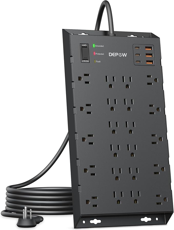 DEPOW Surge Protector Power Strip, 6.5FT Long Flat Plug Extension Cord with 22 AC Outlets (1875W/15A), 6USBs (3 USB-C Ports), 2100J Surge Protection, Wall Mountable for Gaming, Office, Home, Black