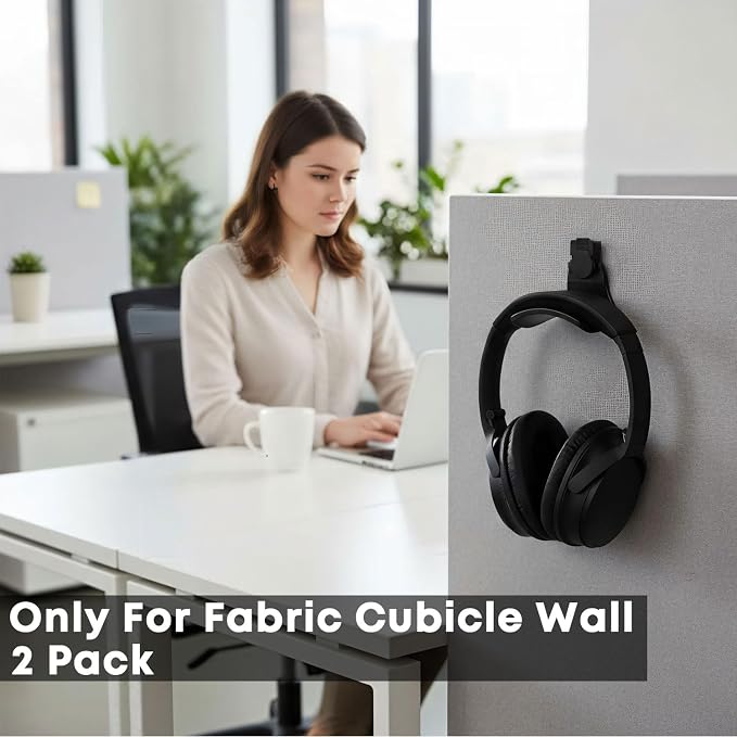 Fabric Wall Headphone Stand for Office, Cubicle Headphone Holder for Work Decor, Space-Saving Hanger Cubicle Accessories for Women Men Desk Organizer, Black (2 Pack)