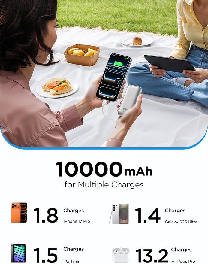 Portable Charger, Power Bank Fast Charging 10000mAh Battery Pack Charger Portable with Built in Cables Travel Essential Portable Power Bank for iPhone 17 16 15 14 13 Samsung Galaxy S24 S23(1Pack)