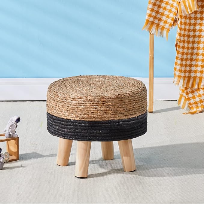 Cpintltr Ottoman Natural Seagrass Footrest Poufs Hand Weave Round Foot Stool for Couch Desk Soft Step Stool Padded Foot Rest with Pine Legs for Living Room Bedroom Natural/Black