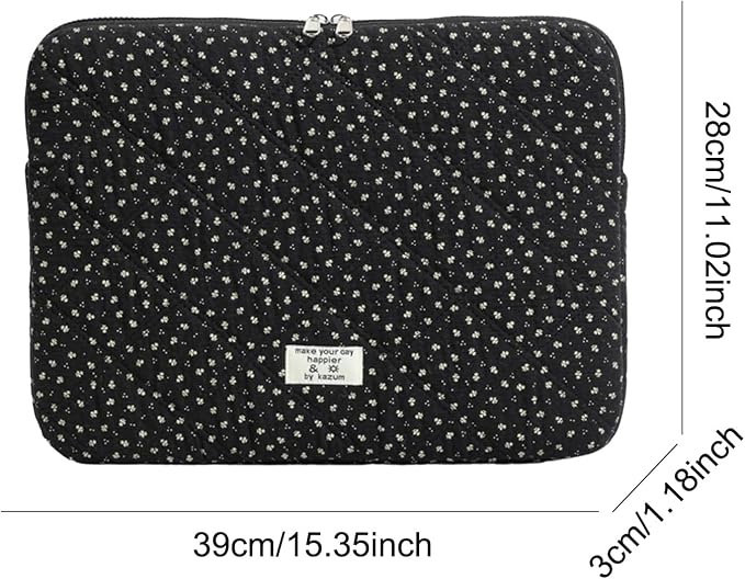 Puffy Laptop Sleeve 13-15.6 Inch Corduroy Quilted Laptop Protective Case Cute Floral Computer Sleeve Protective for MacBook (Black Ditsy Floral, 15.6 Inch)