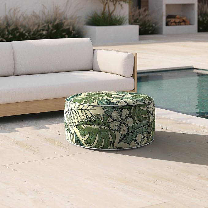 DYTXIII Inflatable Ottoman Stool D21 xH9 for Outdoor/Indoor Use, Water Repellent Patio Foot Rest with Portable Handle,Round Pouf Ottoman Suitable for Garden,Deck and Camping-Tropical Paradise