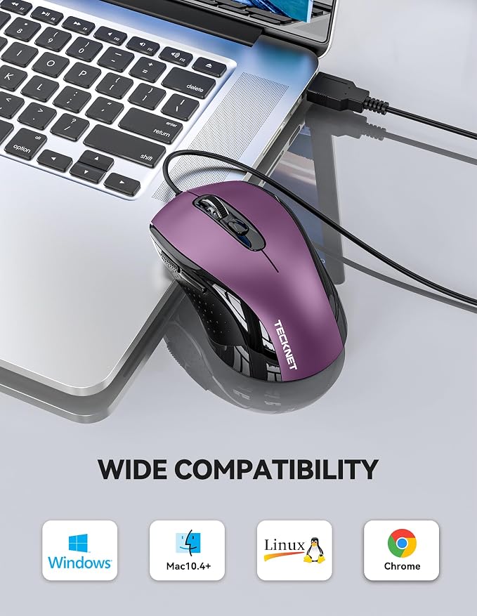 TECKNET USB Wired Mouse, 3600DPI Corded Computer Mouse with 4 Adjustable Levels, 6-Button 5FT Cord Ergonomic Mice, Home and Office Mice for Laptop PC Desktop Notebook - Purple