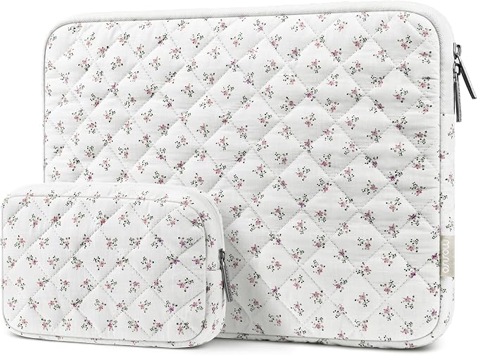 MOSISO Laptop Case 13.3 inch, 13-13.3 inch Puffy Laptop Sleeve Bag Compatible with MacBook Neo/Air 13.6/Pro 13/Pro 14, HP Dell ASUS Lenovo, Charming Floral Square Quilted Carrying Bag&Small Case, Pink
