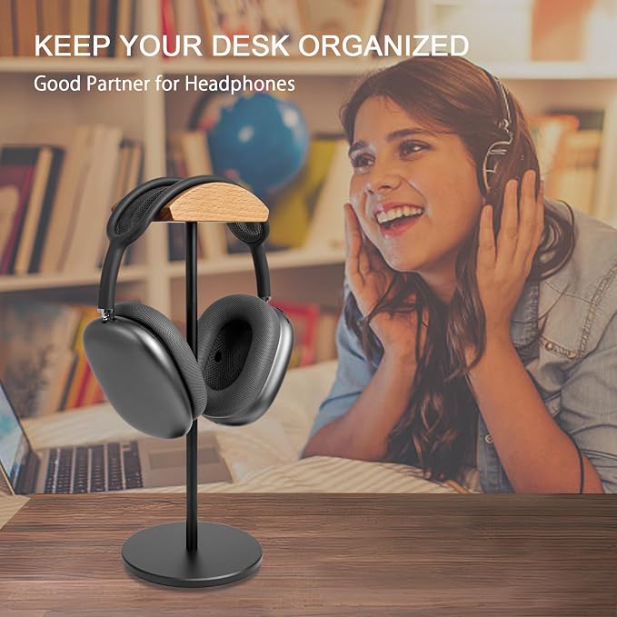Headphone Stand for Desk - Gaming Headset Stand with Wooden Support Plate, Headset Holder with Aluminum Alloy Support Rod