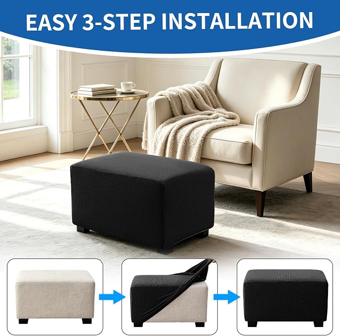 Ottoman Covers Ottoman Slipcovers Folding Storage Stool Washable Furniture Protector,Elastic Foot Stool Foot Rest Protector for Living Room Bedroom,Medium,Black