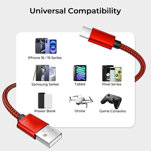 Basesailor for iPhone 17 16 Pro Max Charger Cord,USB to USB C Cable,Type C Charging Power Cord for Apple 17e 15 iPad 10 Air 4 5,Samsung Galaxy S26 S25 S24 S23,Red,2Pack 3.3FT(1M)