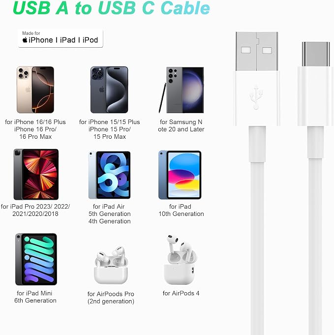 USB to USB C Cable 6ft 2Pack for iPhone 15/16/17 Charger Cord, Car Carplay Cable Fast Charging Compatible for Apple 17 Pro Max/16 Plus/for IPad Pro 12.9/11/Air 5th/4th Mini Gen, Type C Charge 6 Foot