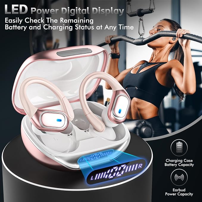 HAOYUYAN Wireless Earbuds Bluetooth 5.3 Headphones with 80H Playback, IPX7 Waterproof Over Ear Buds with LED Power Display for Sports Running Workouts(Champagne Gold)